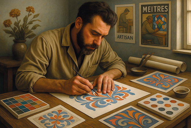 Un uomo che disegna un motivo retrò su un grande foglio posato su un tavolo di legno.